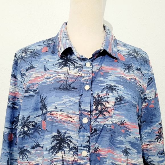 J.CREW Printed Popover Hawaiian Beach Sunset Tunic Blue 100% Cotton Size XL - Picture 2 of 11
